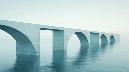 A bridge extending into the horizon, built with symbolic blocks representing social concepts.の素材