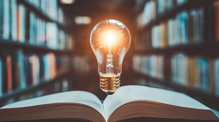 A close-up of a glowing bulb placed on a stack of open notebooks, symbolizing brainstorming.の素材