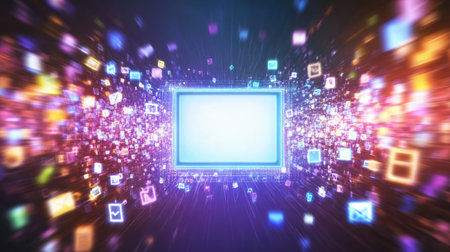 A concept photo of a glowing whiteboard surrounded by colorful floating idea icons.の素材