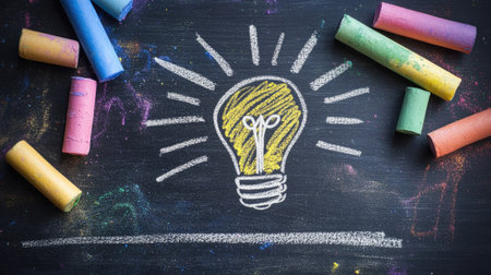 A chalkboard with scattered colorful chalk dust and a glowing light bulb drawn in white chalk in the center.の素材