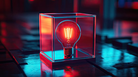 A glowing bulb placed inside a sleek, transparent acrylic cube on a reflective surface.の素材