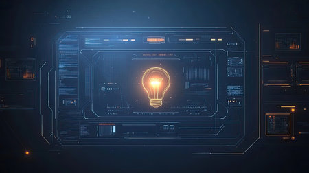 A digital futuristic interface displaying a holographic glowing light bulb on a blue gradient background with abstract tech lines.の素材