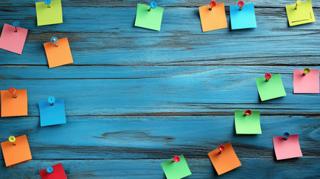 A wooden board with scattered sticky notes, bright thumbtacks, and an open space in the center.の素材