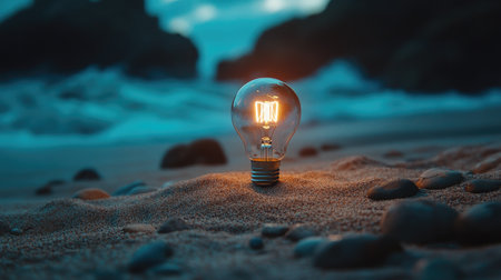 A bulb glowing in a serene setting, surrounded by smooth sand and tiny rocks.の素材