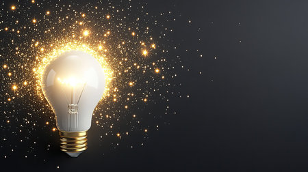 A white light bulb placed on a plain black background with a glowing aura.の素材