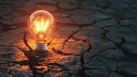 A glowing lightbulb on a cracked surface with light seeping through the cracks.の素材