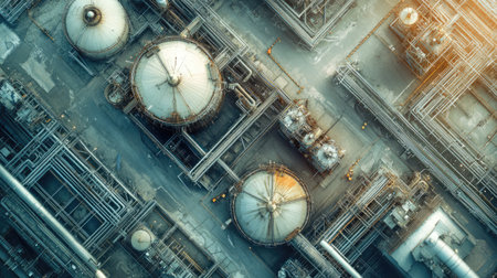 Aerial view of an industrial plant with large tanks, pipes, and heavy equipment across the facility.の素材
