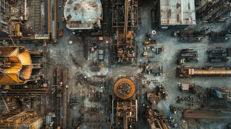 An aerial view of a large factory floor with automated assembly lines, mechanical parts, and equipment.の素材