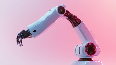 Abstract D rendering of a robotic arm with illuminated circuits and a clean gradient backdrop. Copy space.の素材