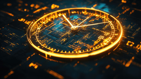 Abstract futuristic clock with glowing digital hands surrounded by swirling neon lights. Copy space.の素材