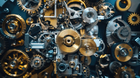 A close-up of mechanical parts being assembled by a robotic system, creating industrial components.の素材
