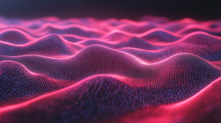 Abstract data waves in a futuristic holographic style, glowing softly against a black backdrop. Copy space.の素材