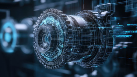 A digital blueprint of a mechanical system enhanced by AI algorithms, with dynamic data flows and interactive elements.の素材