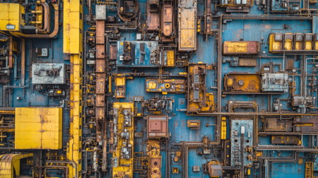 An aerial view of a large factory floor with automated assembly lines, mechanical parts, and equipment.の素材