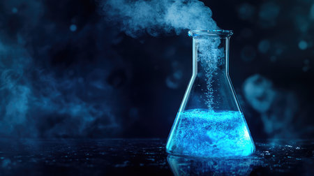 A beaker with a bubbling neon-blue liquid emitting vapor, placed on a sleek black background. Copy space.の素材
