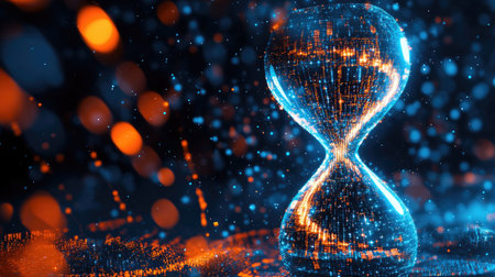 Abstract representation of time with glowing hourglass made of digital particles. Copy space.の素材