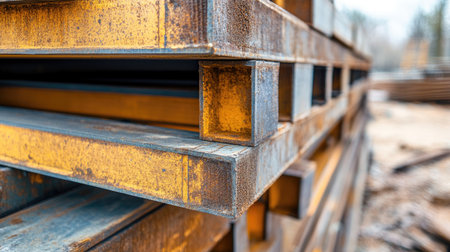 A close-up of a stack of steel beams at a construction site, ready for building framework. Copy space.の素材