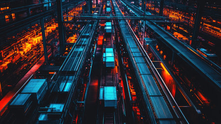 An overhead view of a large-scale factory with multiple conveyor belts transporting products.の素材