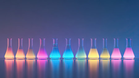 Array of glowing chemical flasks with liquids in gradient colors on a sleek reflective surface. Copy space.の素材