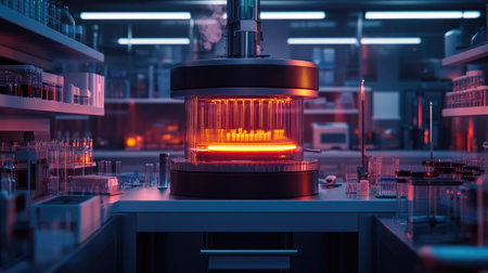 A futuristic centrifuge glowing with LED lights, placed in a clean and minimalistic laboratory setting. Copy space.の素材