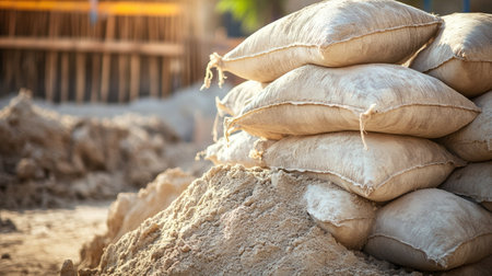 A close-up of a pile of construction materials such as cement bags and sand piles at a construction site. Copy space.の素材