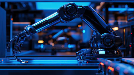 A detailed view of a robot's mechanical arm with high precision sensors working on an assembly line.の素材