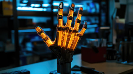 A glowing exoskeleton hand model displayed in a cutting-edge tech lab. Copy space.の素材