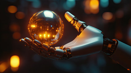 A glowing robotic hand extending a holographic sphere in a dark futuristic room. Copy space.の素材