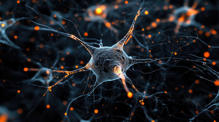 Close-up of a single biological cell with glowing edges and complex internal structures on a dark background. Copy space.の素材