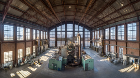 A panoramic view of an industrial engineering facility with high ceilings and complex machinery.の素材