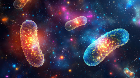 Conceptual glowing bacterial transformation process with molecular structures in space. Copy space.の素材