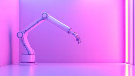 A sleek robotic arm performing a delicate task in a high-tech manufacturing environment, with empty space for copy.の素材