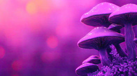 Microscopic view of glowing fungal spores floating on an abstract gradient. Copy space.の素材