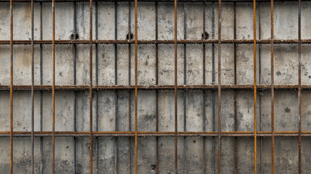Steel reinforcement bars and concrete for a bridge construction project. Copy space.の素材