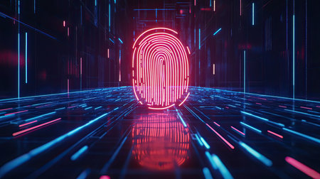 Digital fingerprint glowing with neon light against a high-tech dark grid background. Copy space.の素材