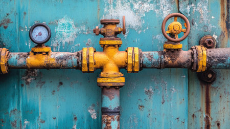 Industrial pipes and valves in a factory system, with copy space for text or labels.の素材