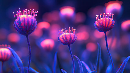 Microscopic glowing plant stomata opening and closing in an artistic representation. Copy space.の素材