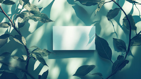 White blank card on soft pastel green background with leafy shadows cast across the surface for a botanical vibe.の素材