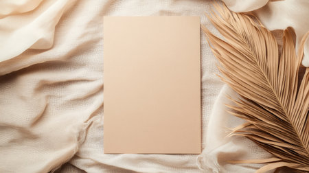 Blank kraft paper card standing upright on a soft beige fabric with minimal decorations of dried palm leaves and neutral tones.の素材