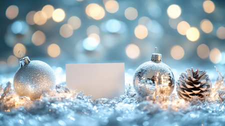 A blank greeting card resting on a fluffy snow-like surface with delicate silver ornaments and frosty pinecones nearby.の素材
