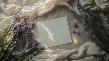 Blank card surrounded by sprigs of lavender and soft linen fabric, with soft sunlight highlighting its texture.の素材