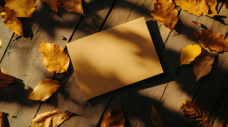 Blank kraft paper card on a clean desk with handmade paper pieces and natural shadows.の素材