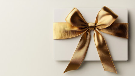 Gift card mockup with metallic ribbons and subtle shadows on a white background.の素材
