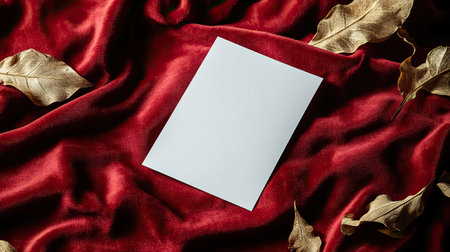 Blank card resting on a red velvet surface surrounded by subtle golden decorations.の素材