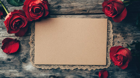 Blank kraft paper card on a rustic wooden table with small red roses and lace trim.の素材