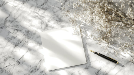 White card on a clean marble desk with open notebook, fountain pen, and scattered dried flowers for a classic writing theme.の素材