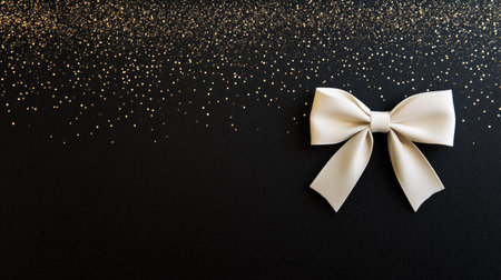 Blank white card with a simple bow resting on a sleek black background with golden glitter.の素材