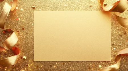 Clean blank card on a shimmering gold background with sparkles and golden ribbons for a luxurious effect.の素材