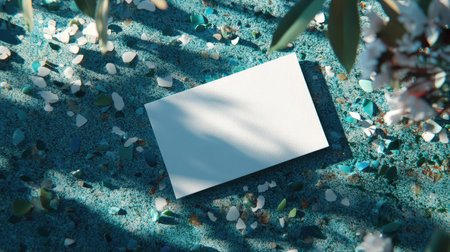 White greeting card set on a terrazzo countertop with scattered blue and green terrazzo fragments around.の素材