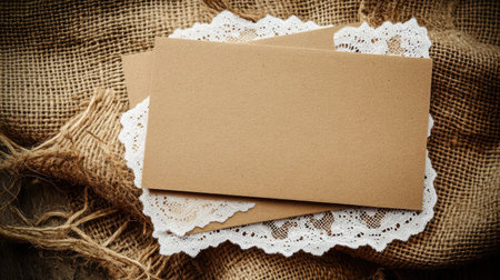 Kraft paper gift card on a rustic burlap backdrop with delicate white lace trim.の素材